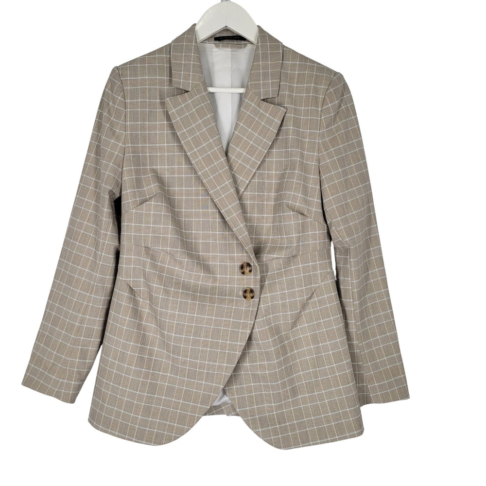Elie Tahari Pebble Step Plaid Blazer‎ Womens Size 6 Beige Lined Button Front